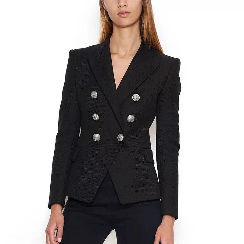 EXCELLENT QUALITY Newest 2022 Stylish Designer Blazer for Women Lion Silver Buttons Double Breasted Career Blazer Outer Wear