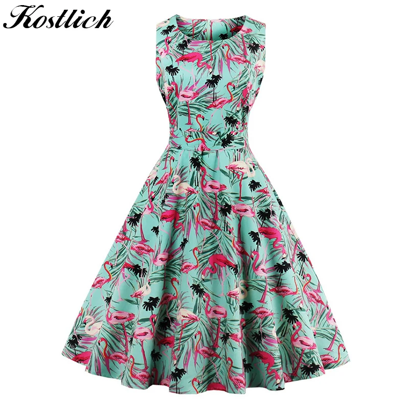 MoYan Flamingo Print Summer Dress Women 2018 Sleeveless Swing 50s Hepburn Vintage Tunic Ukraine Party Dresses Sundress | Женская одежда