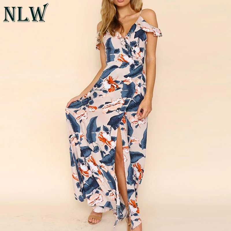 NLW Boho Платье макси с цветочным принтом летнее шифоновое длинное платье открытыми