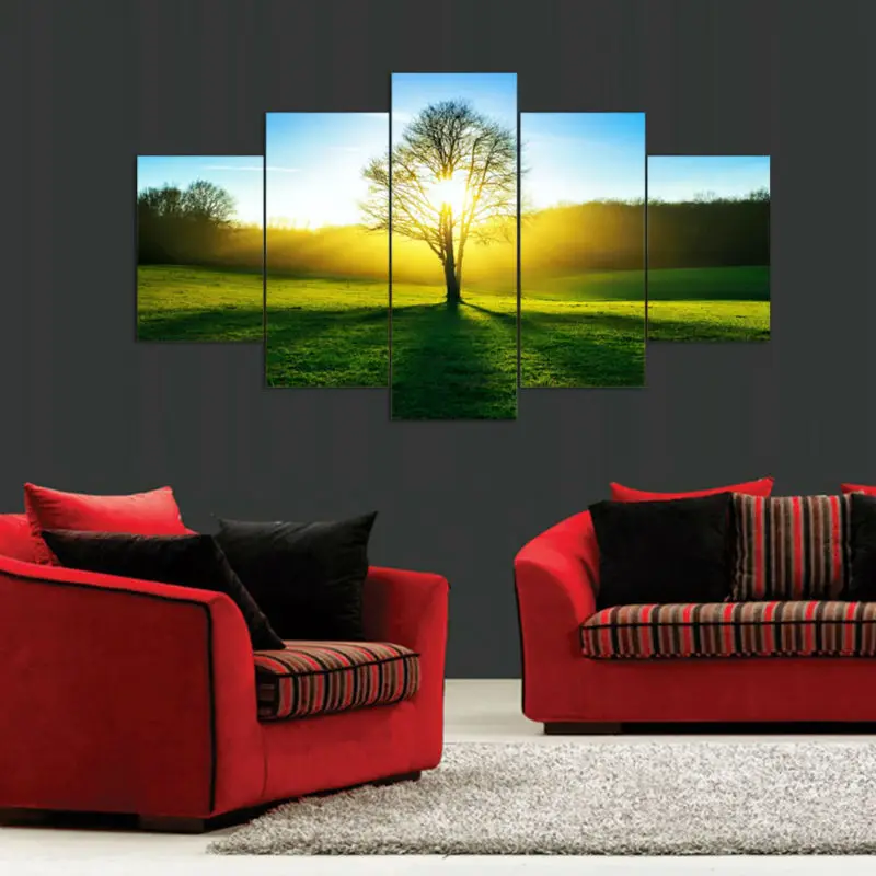 2017 настенное искусство HD холст печать 5 штук утро солнечный зеленый дерево