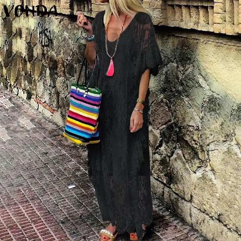 VONDA, женское платье для беременных, богемное, белое, длинное, сексуальное, v-образный вырез, рукав-бабочка, открытое, одноцветное, кружевное, для беременных, сарафан
