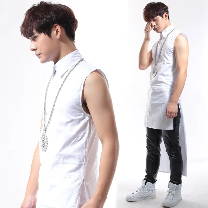 Новая стильная белая рубашка без рукавов с ласточкиным хвостом мужской