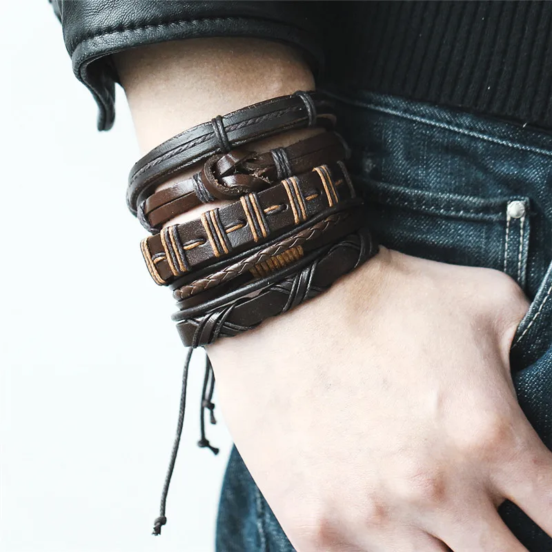 IF ME Vintage Brown Wrap Punk Leather Bracelet For Men Woman New Round Multiple Braided Bracelets Fashion Jewelry Gift | Украшения и