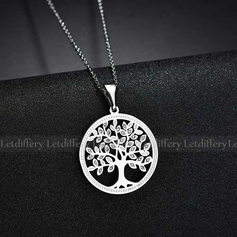 Silver Letdiffery Tree of Life ожерелья с подвесками стразы на цепочке Длинные ожерелья для женщин Рождественский подарок Прямая поставка - Окраска металла: Silver