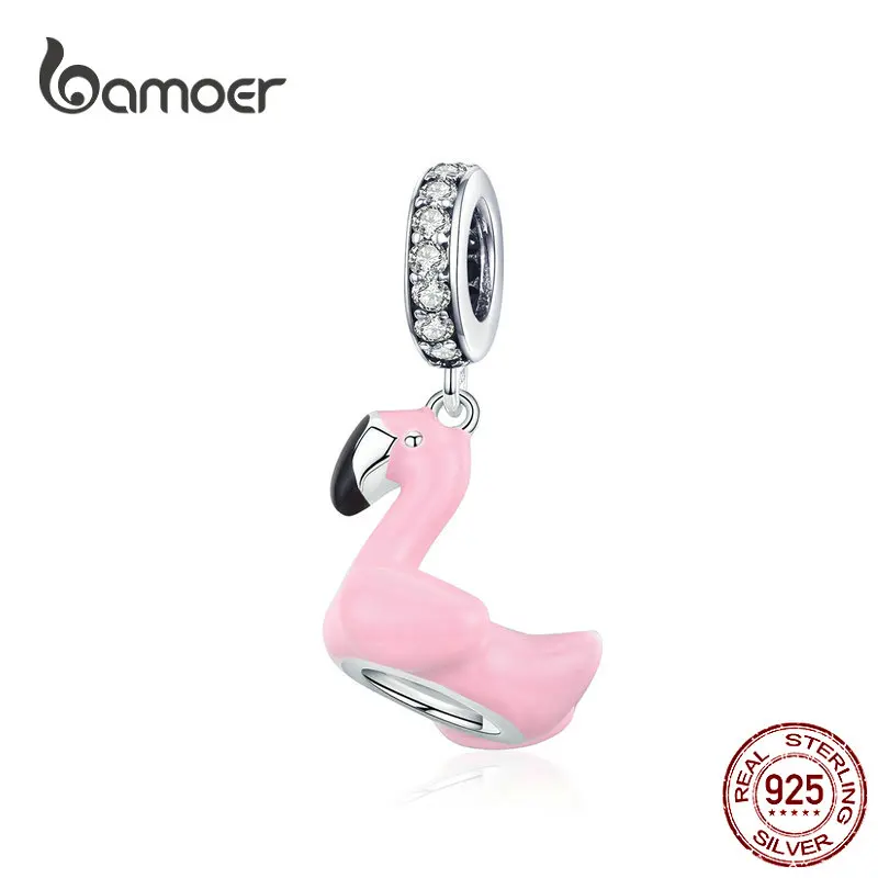 Bamoer, эмаль, розовый, летний, фламинго, шарм, подходит,, серебро 925, браслет для бассейна, Подвеска для женщин, ожерелье SCC1240