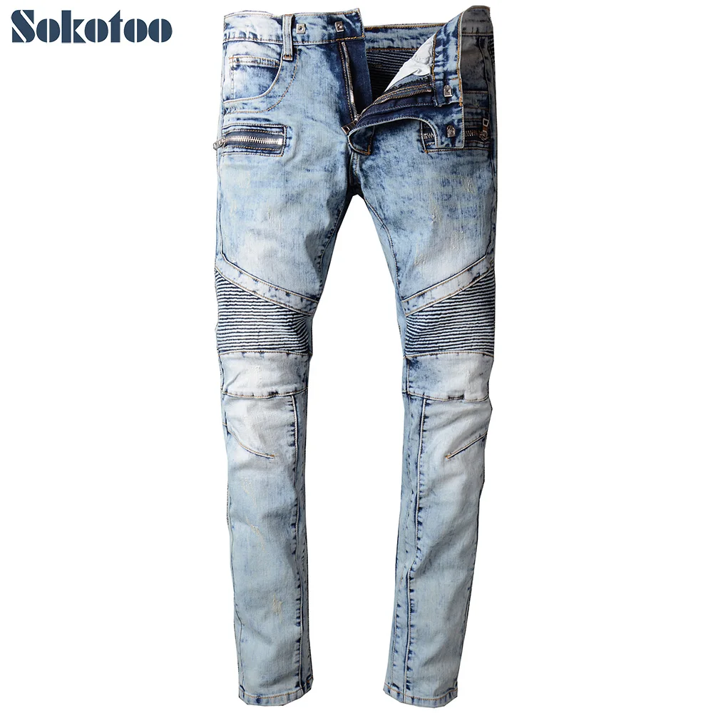 Специальная цена мужские тонкие потертые синие байкерские джинсы для мотоцикла