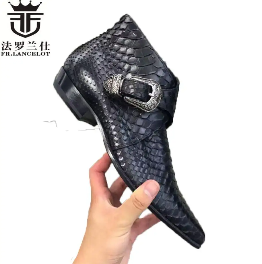 2022 FR.LANCELOT european style chelsea boots pointed toe buckle leather boots men riding boots low heel motorcycle boots men