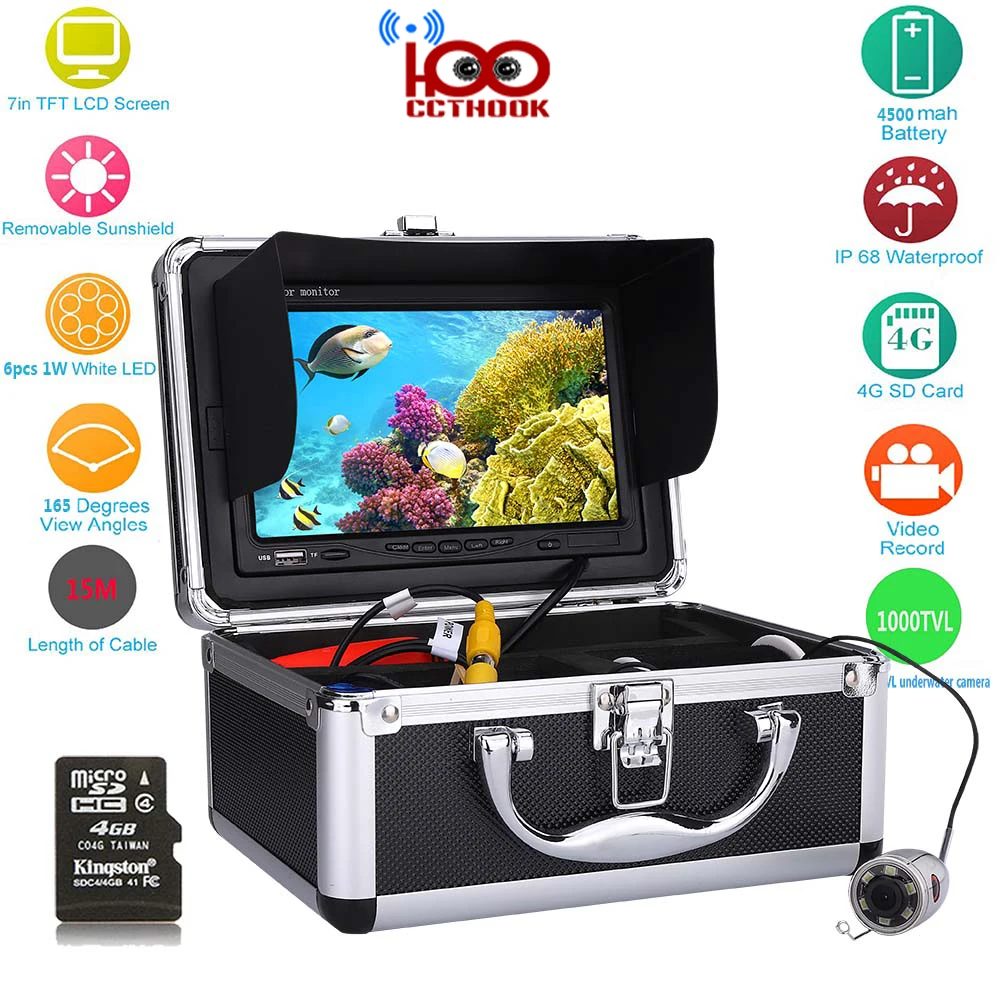 

15m Cable Fish Finder with Color CCD HD 1000TVL Underwater Fishing Video Camera 7 Inch Color TFT Monitor with HD TF DVR Recorder