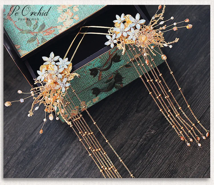 PEORCHID Chinese Bride Hair Jewelry Gold Comb Clip Bridal Pins Flowers Wedding Headdress Ornament Ancient Sticks |
