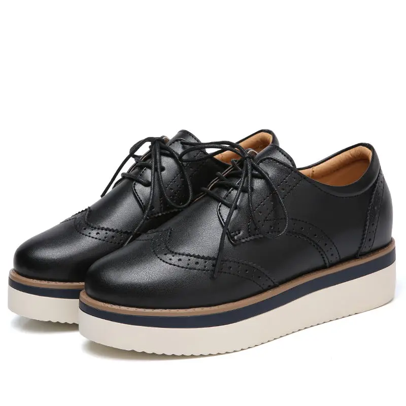 

LAISUMK 2020 Autumn Women Platform Oxfords Shoes Brogue Lace Up Genuine Leather Shoes Ladies Thick Soled Shoes For Women Flats