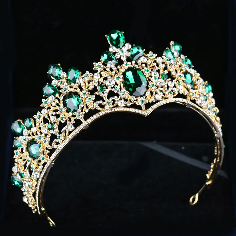 Baroque Red Blue Green Crown Crystal Bridal Tiaras Vintage Gold Hair Accessories Wedding Rhinestone Diadem Pageant Crowns
