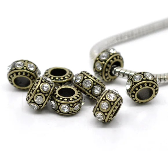 European Charm Zinc alloy Beads Round Antique Bronze White Rhinestone About 11mmx5.8mm Hole: Approx 4.7mm 1 Pc new | Украшения и