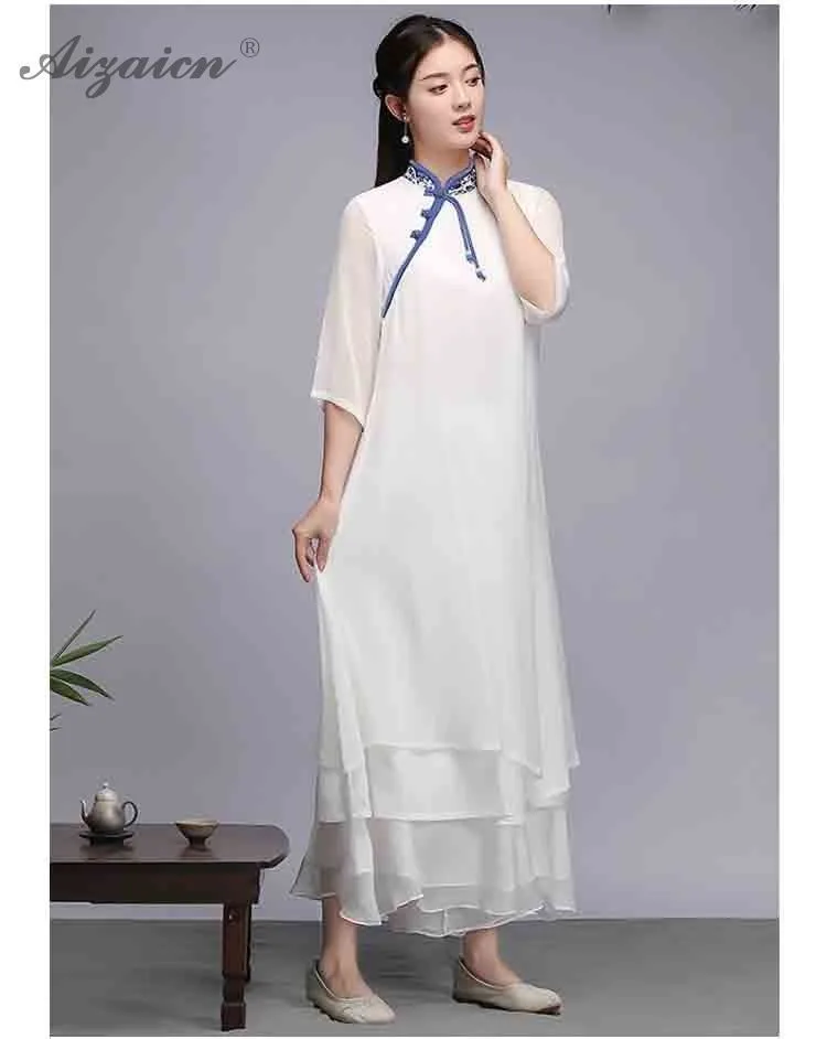 Свободный длинный Qipao белый Повседневный шифоновый Чонсам женское традиционное китайское платье Восточный стиль платья на каждый день