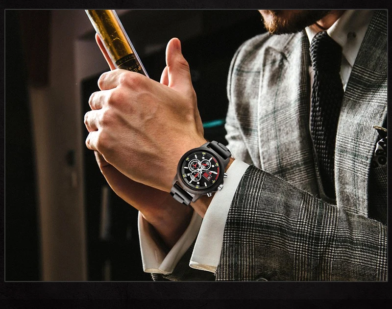 Fashion Wooden Men Watch Natural Zebra Wood Wristwatch with Date and Multiple Time Zone reloj hombre Men's Gift Watches W-K01