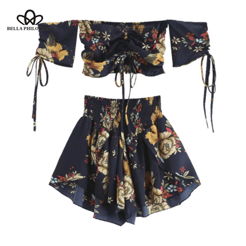 Пляжный костюм Boho Женский комплект с открытыми плечами и цветочным принтом