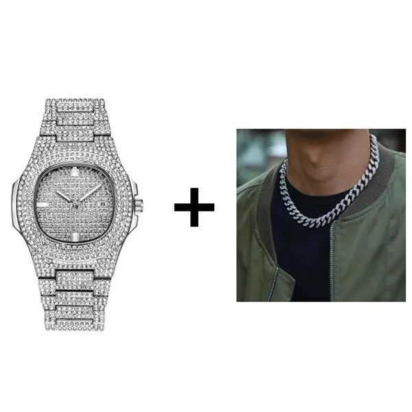 Watch and Chain 50cm Золотое ожерелье+ часы+ браслет в стиле хип-хоп, кубинская цепочка в стиле «Майями», вымощенные стразы, CZ Bling Rapper для Мужчин, Ювелирные изделия - Окраска металла: Watch and Chain 50cm