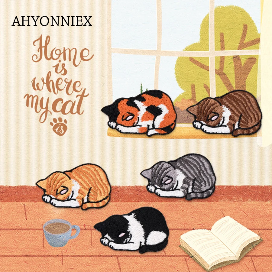 

AHYONNIEX Cute Sleep Cat Applique Clothing Embroidery Patch Fabric Sticker Iron On Sew On Parch Craft Sewing Repair Accessories