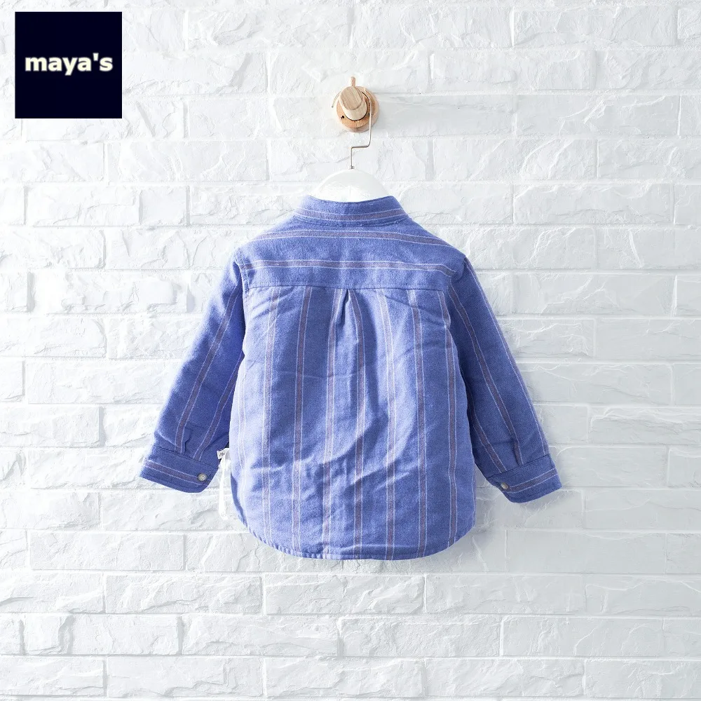 Mayas/зимние теплые синие утепленные детские рубашки хлопковые в полоску с