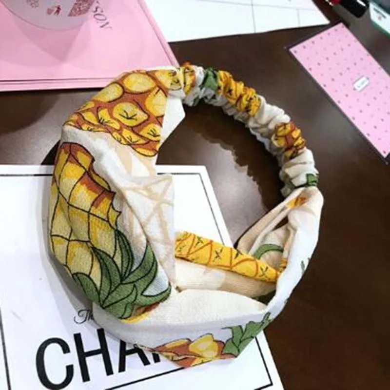 Chic Fruit Ananas Print Headband Handmade Bowknot Cross Elastic Hairband Headwrap Turban For Beach Hair Jewelry Fast Shipping | Детская