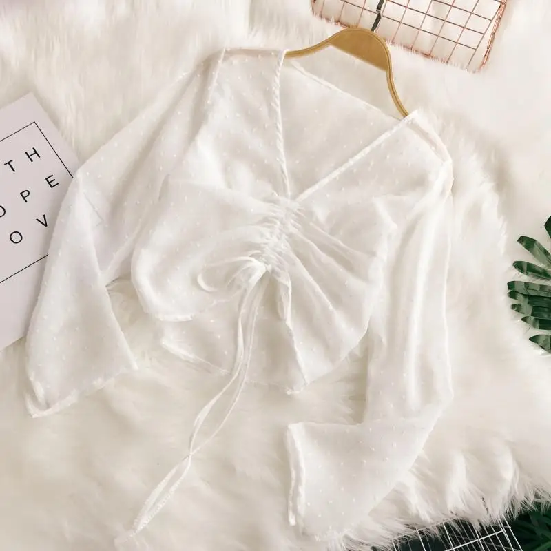 2018 new fashion women blouse shirt sweet sunscreen V-neck drawstring long-sleeved chiffon female |
