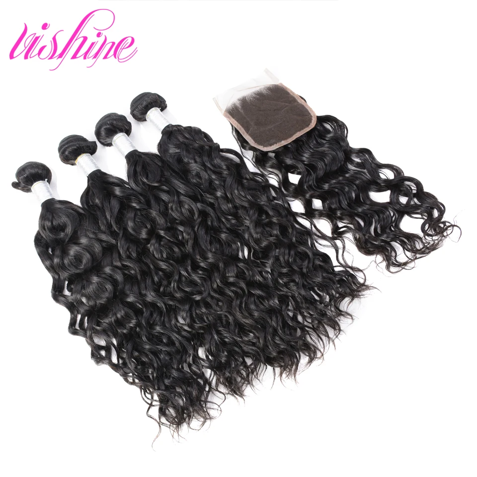 4 Bundles Brazilian Water Wave Virgin Hair With Closure Curly Human Weave |