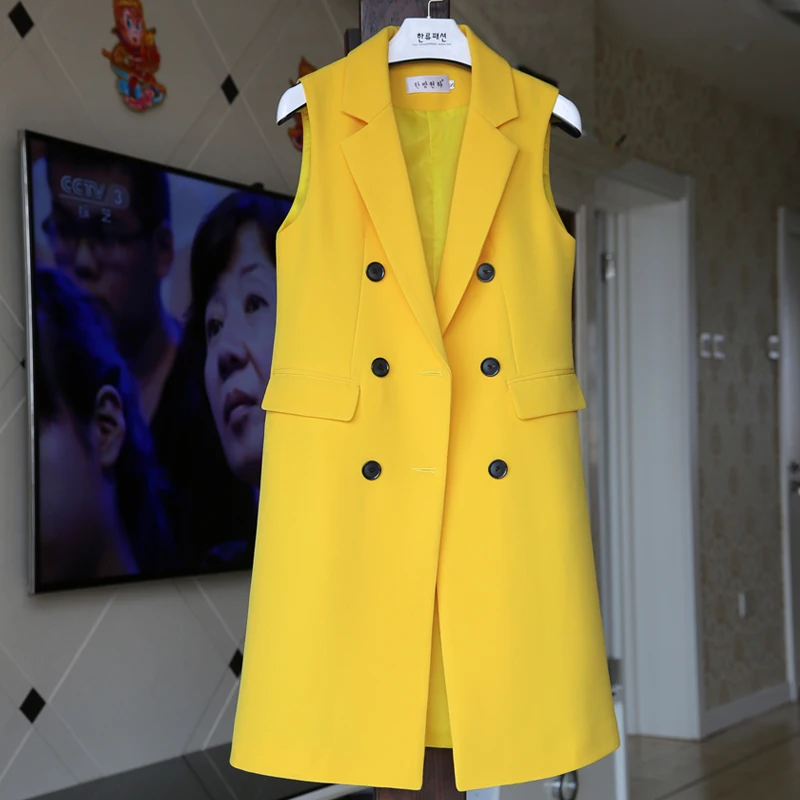 Однотонный длинный костюм жилет для женщин двубортный жакет с отложным