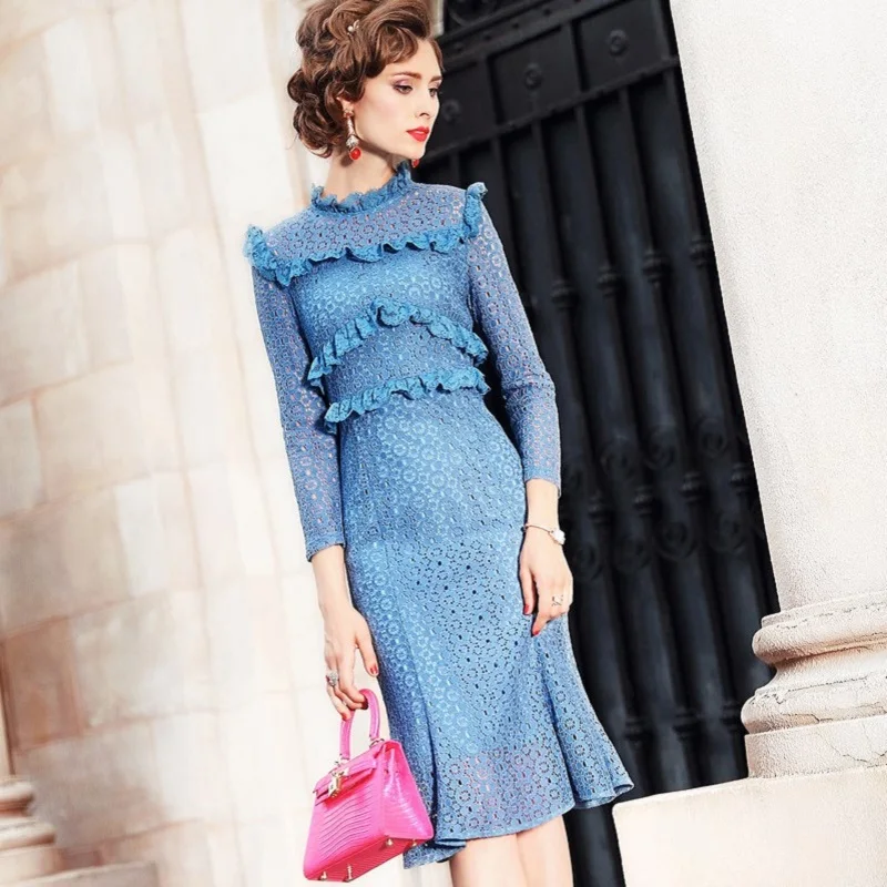 Офисное кружевное платье 2018 весна осень одежда с длинным рукавом женская