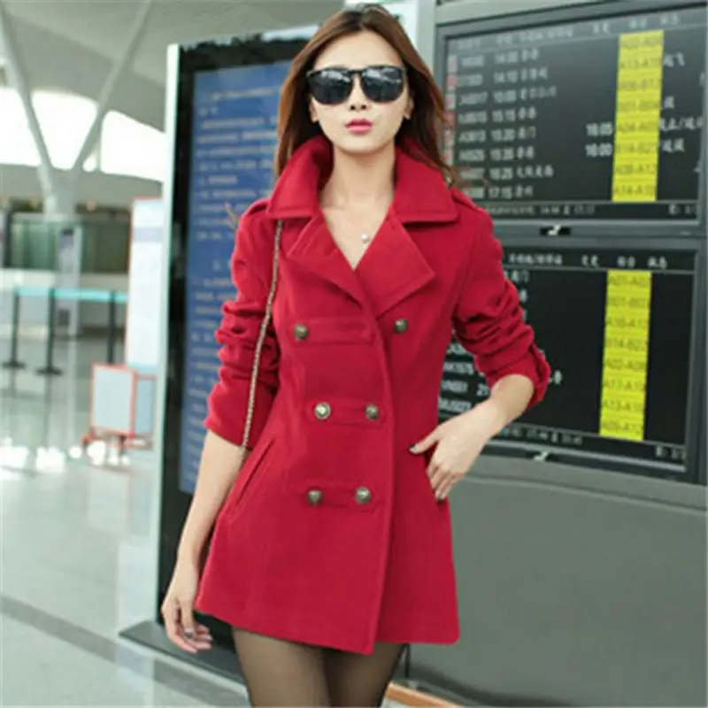

Fashion Women Woolen Coat High Quality Slim Warm Woolen Jacket Coat Korean Style Deep Blue/Red