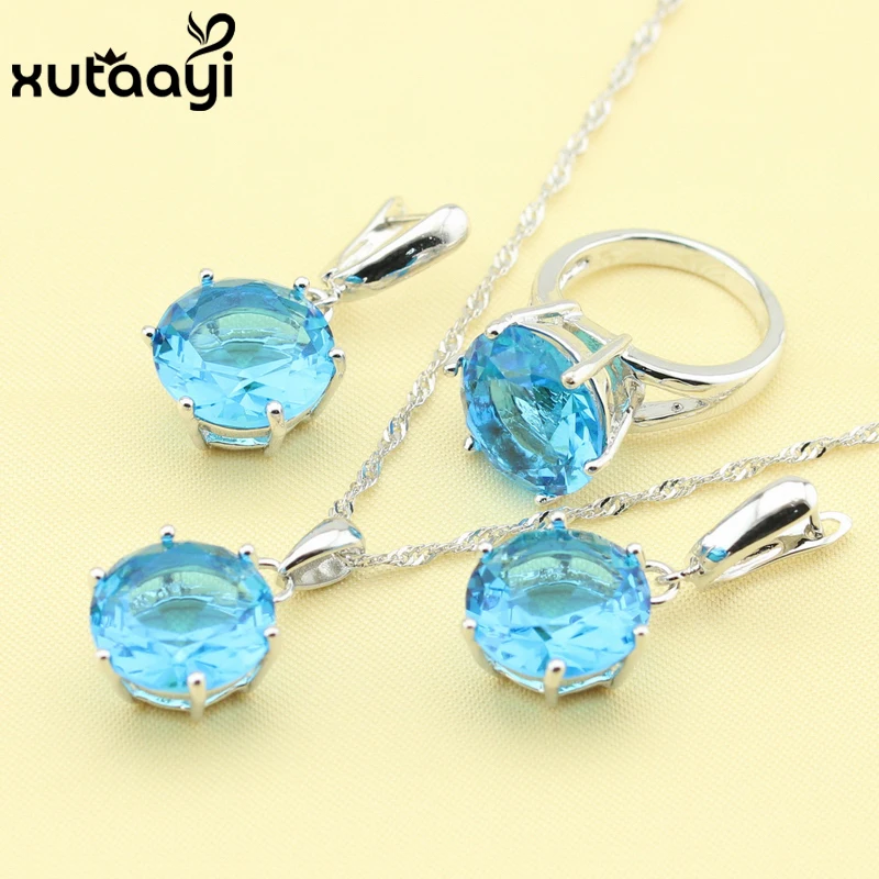 Новые модные серебряные цветные ювелирные наборы синие кубические циркониевые