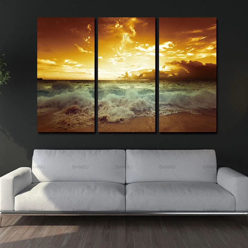 Желтое море пейзаж холст живопись 3 шт. для гостиной Настенный декор картина