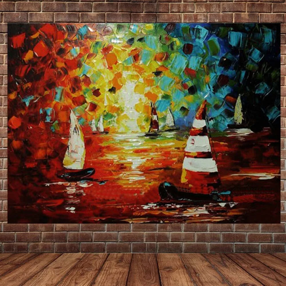 Абстрактный морской пейзаж с лодкой, нарисованный масляными красками палитрой и ножом, на холсте для стен живопись для дома в гостиной.