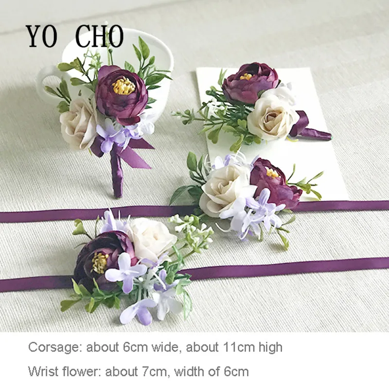 

YO CHO Fresh Purple Bride Wrist Flower Rose Ribbon Bride Corsage Hand Decorative Bridesmaid Sisters Hand Flowers Bestman Corsage
