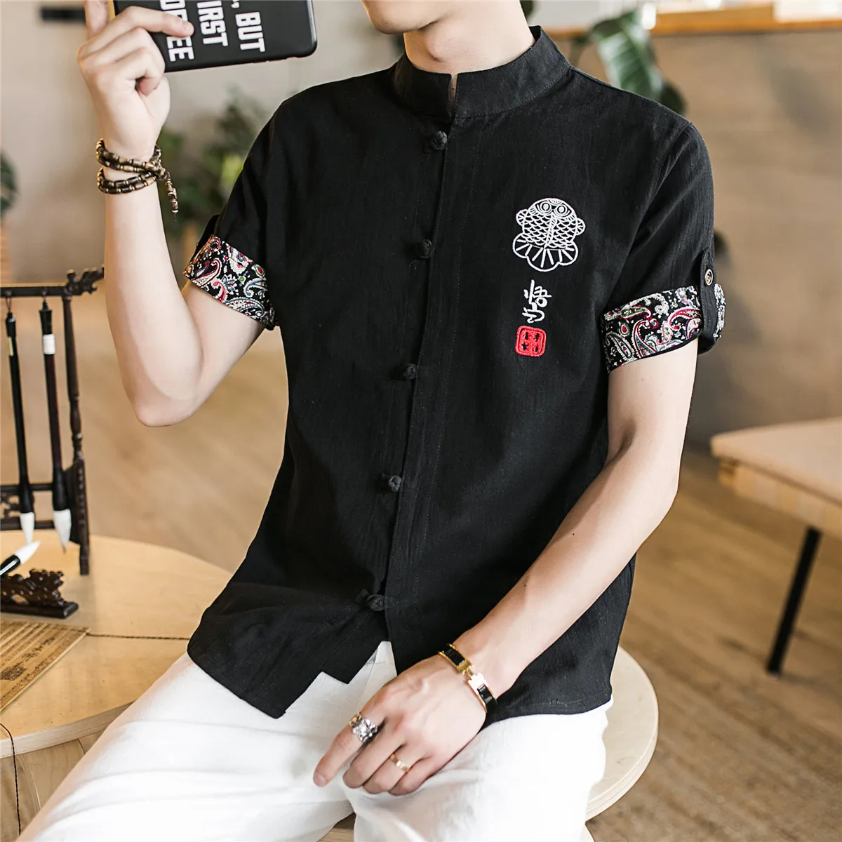 

New Chinese style men's linen cotton summer short sleeve shirt dropshipping casual plate button embroidery plus-size top shirt