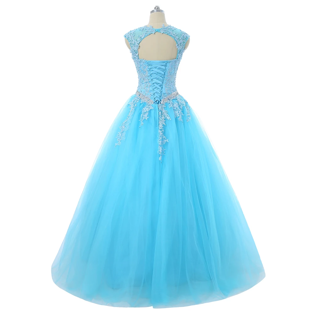 Sky Blue Quinceanera Dresses Ball Gown Cap Sleeves Tulle Appliques Lace Beaded Crystals Cheap Sweet 16 | Свадьбы и торжества