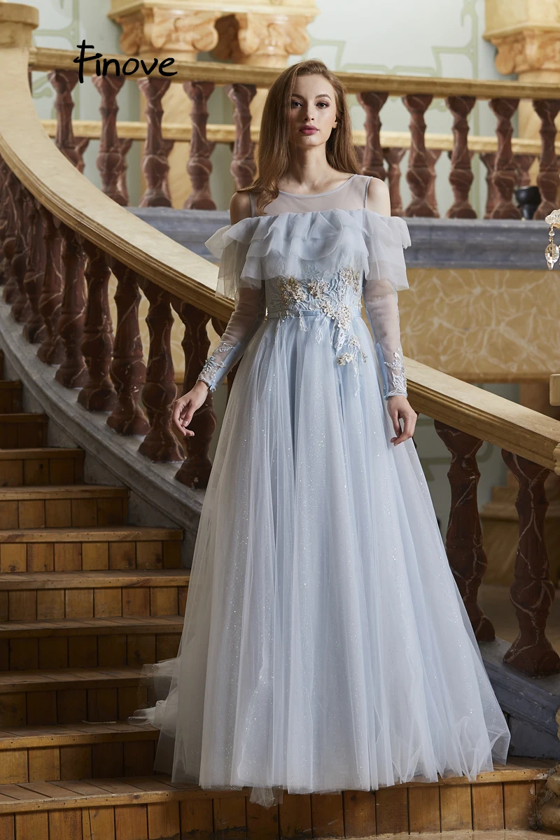 Finove, новинка, платье для выпускного вечера, длинное,, Robe De Soiree, сексуальная иллюзия, полный рукав, о-образный вырез, тюль, аппликация, женские вечерние платья размера плюс