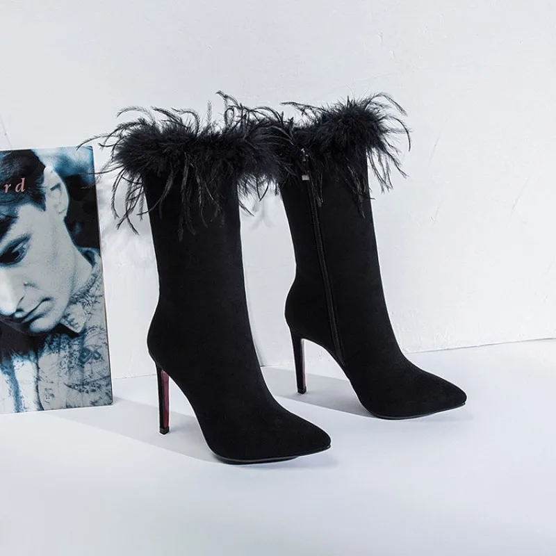 

Nature Worship New Fashion High Thin Heel Women Half Boots Flock Fleeces Zipper Pointed Toe Shoes Mid-Calf Warm Boots Big Size43