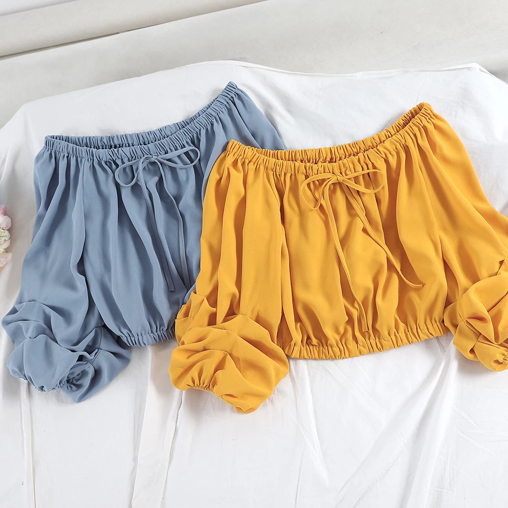 

Women Spring Summer Lantern Sleeve Slash Neck Basic Bow Shirt Elegant Lace Up Bandage Slim High Waist Short Pullover Blouse Tops