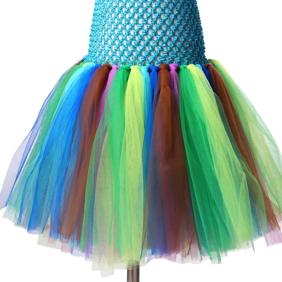 Ksummeree Turquoise Peacock Feather Girls Tutu Dress Halloween Purim Birthday Party Children Pageant Ball Gown | Детская одежда и