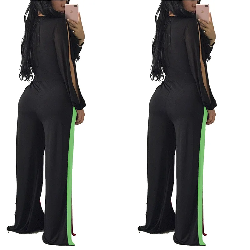 Женский полосатый комбинезон без бретелек с V образным вырезом|female overalls|leg jumpsuitwide