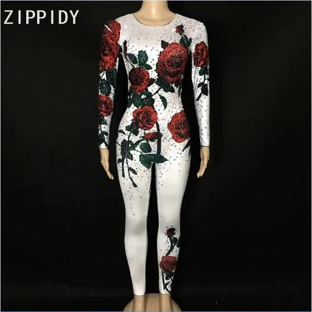 Fashion 3 Colors Multicolor Rose Flowers Jumpsuit Evening Party Stretch Rhinestones Costume Stage Wear Celebrate Bodysuit