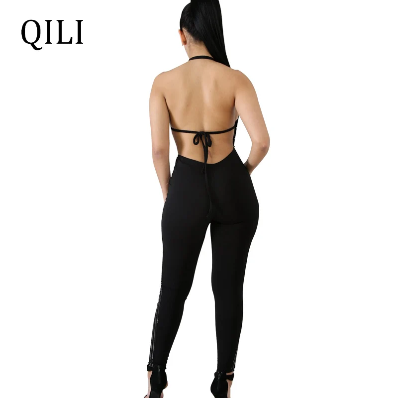 QILI сексуальные женские комбинезоны с открытой спиной сетчатые блестками без