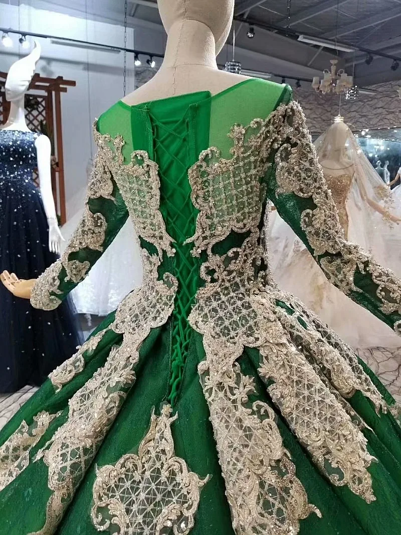 LS014874 muslim color wedding dress with long veil o-neck long sleeve green wedding gown 2018 latest design in best seller list