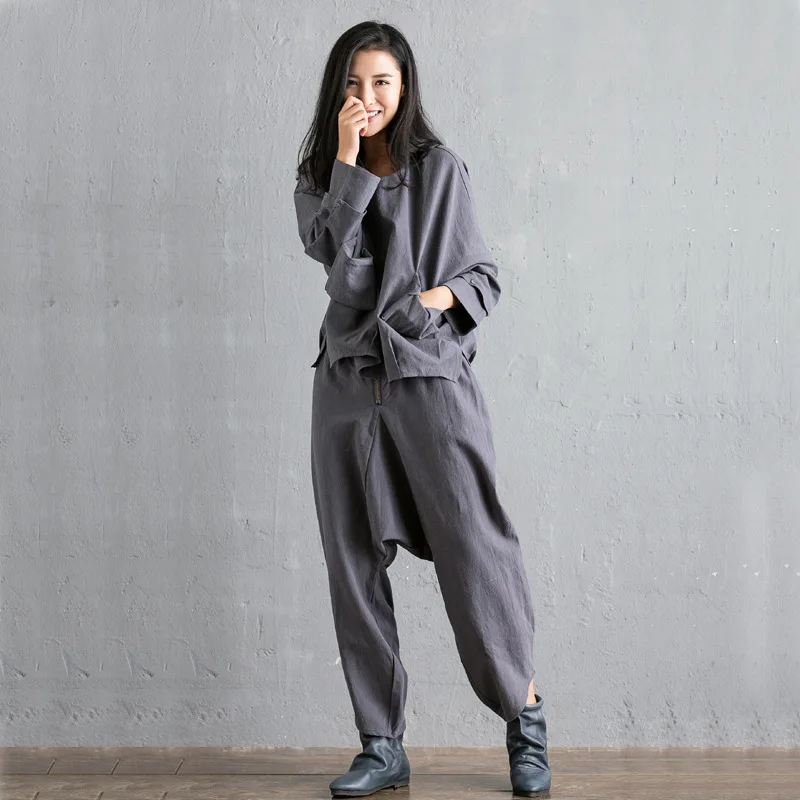 Асимметричный новый осенний Женский комплект из 2 предметов винтажный льняной