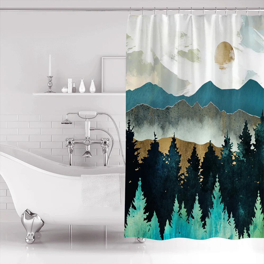 BIGHOUSES Shower Curtain Forest Mist Fabric Shower Curtain with 12 Hooks