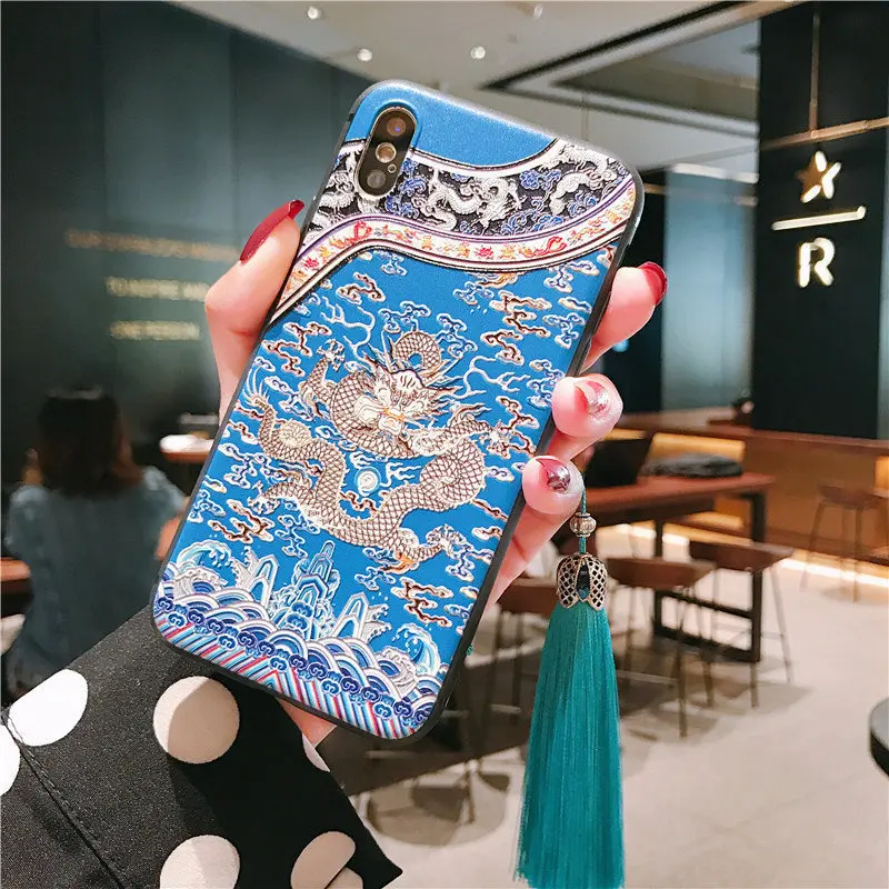 6 Китайский стиль тисненый чехол для телефона с кисточкой для iPhone 11 Pro Max XS MAX XR мягкая задняя крышка для iPhone X 8 7 6S 6 Plus Coque - Цвет: 6