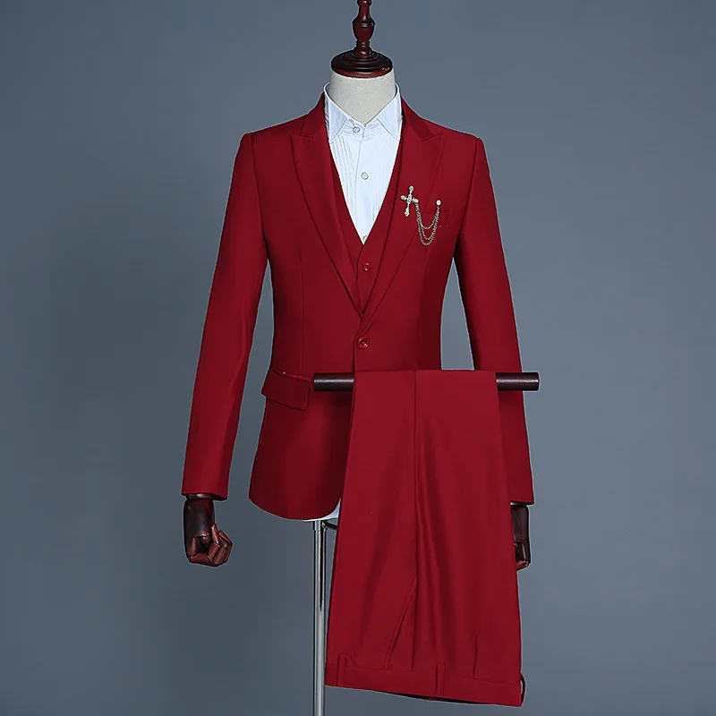 Dark Red Деловые костюмы для мужчин, длинный рукав, платье для мужчин, s, Повседневный, выпускной, однотонный костюм, приталенный, розовый, дизайнерская одежда, комплект из трех предметов, пальто, брюки - Цвет: Dark Red