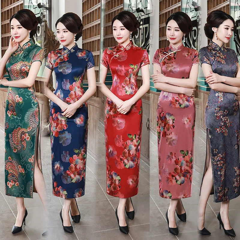 Китайский традиционный Cheongsam Для женщин шелковые платья Макси платье Леди