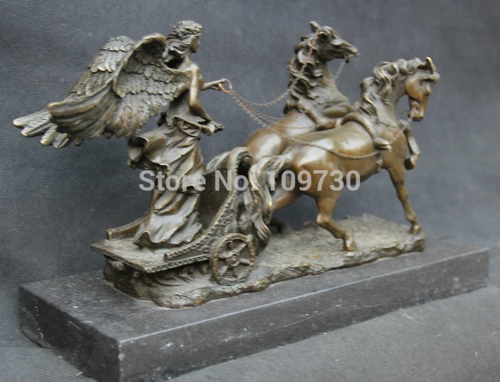 bir 003118 12&quot Chinese Bronze Two Horse Pull Angel Gal Girl Goddess wing marble base Statue | Дом и сад