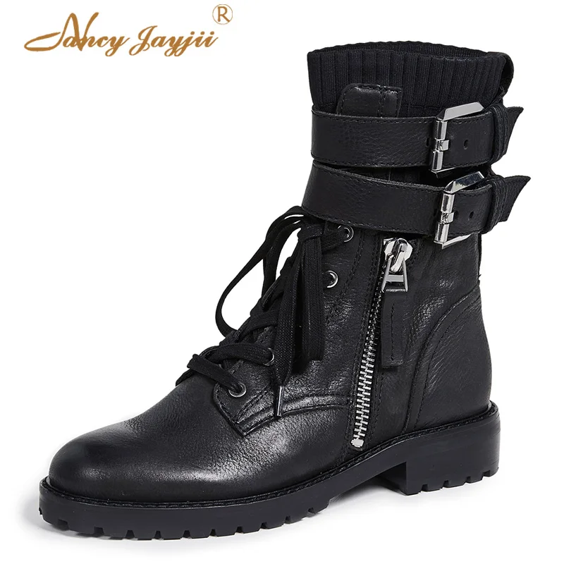 

Nancyjayjii Black Buckle Straps Side Zipper Women Ankle Boots 2022 Autumn Fashion Round Toe Cross-tied Work Date Botas De Mujer