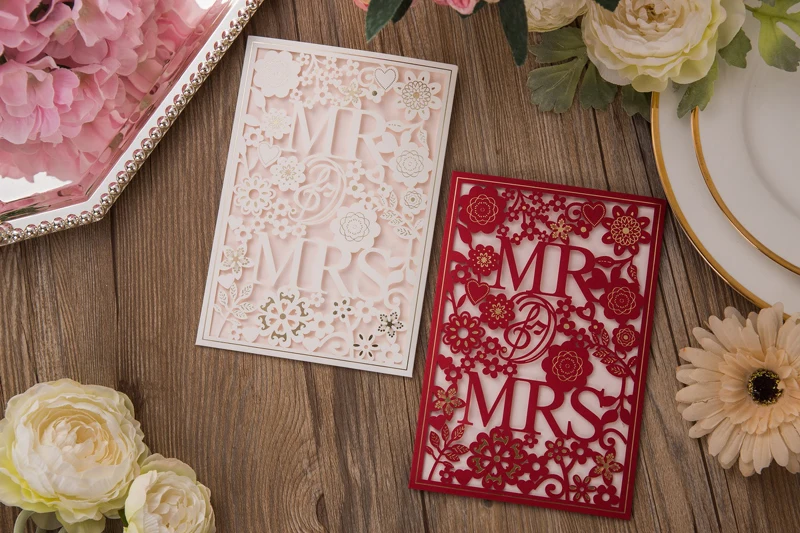 10 pieces/lot) Laser Cut MR&MRS Wedding Invitations With Gold Foil Flowers White Red Engagement Invitation Cards CX029